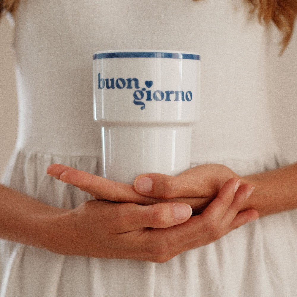 bold buongiorno ceramic mug with a confident 50s italian design on a sunlit terrace