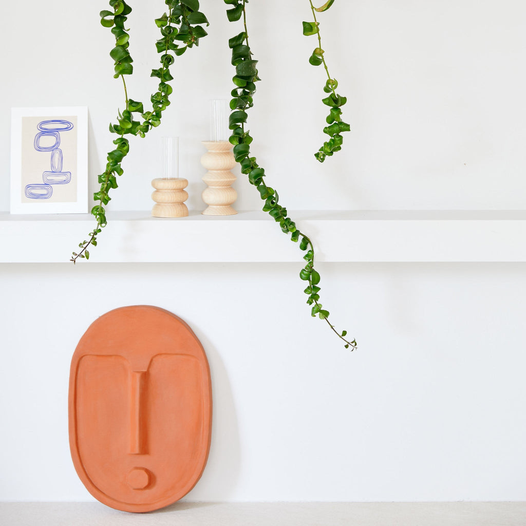 playful terracotta wall mask casting a fun shadow on a sunlit wall