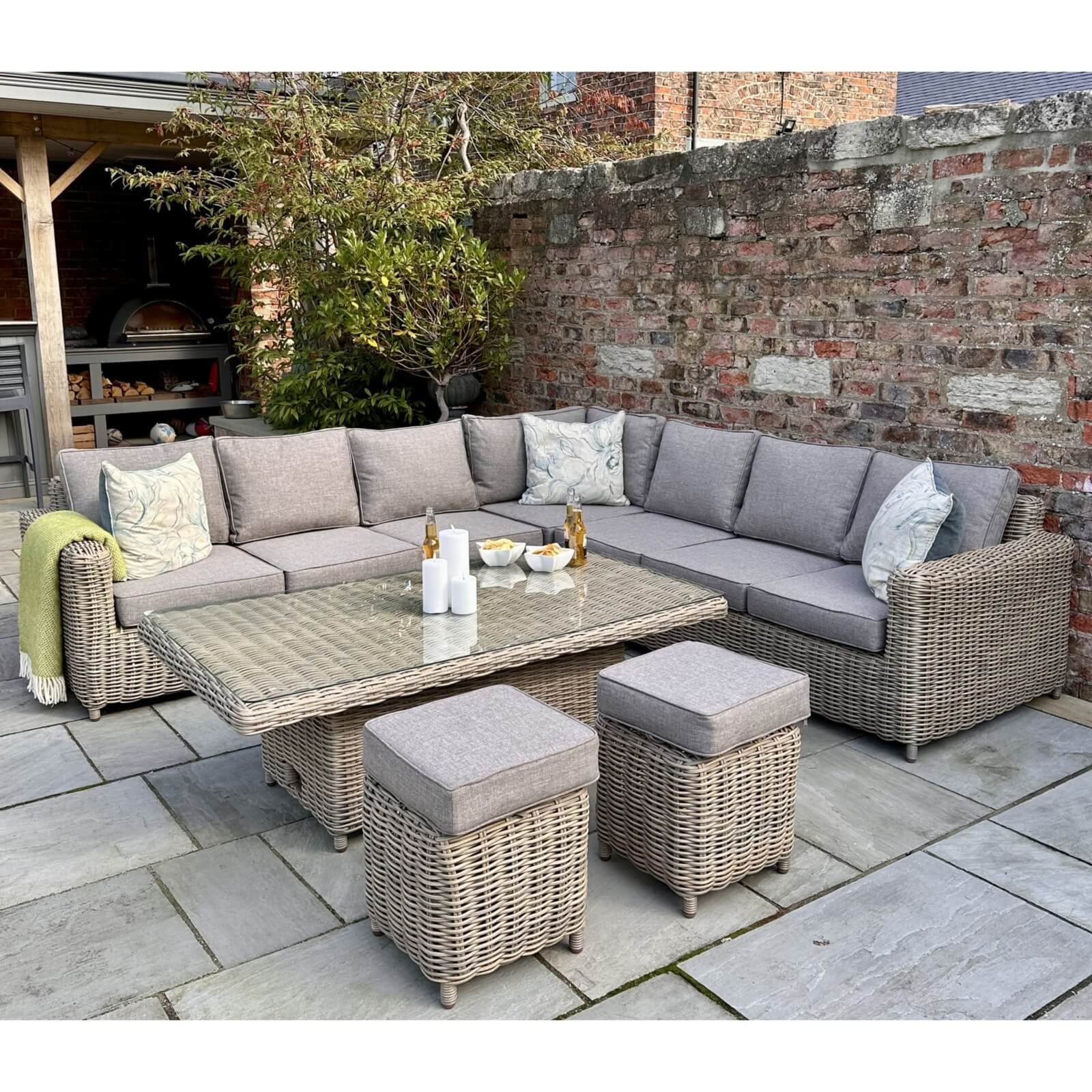 Beige modular sofa set with glass table and stool, contemporary design for spacious living room seating by sostter at brixbailey.com