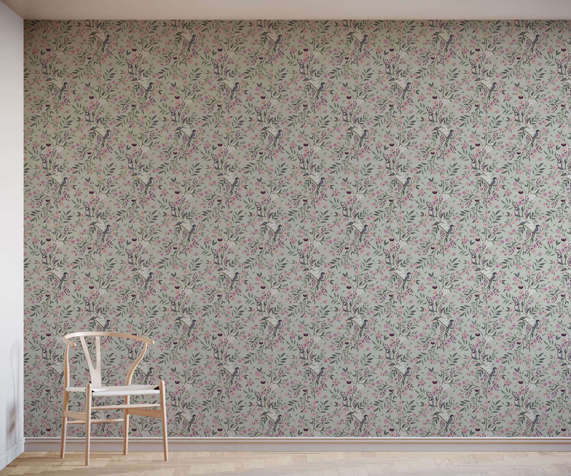 Charlotte Floral Wallpaper with Tulips and Birds