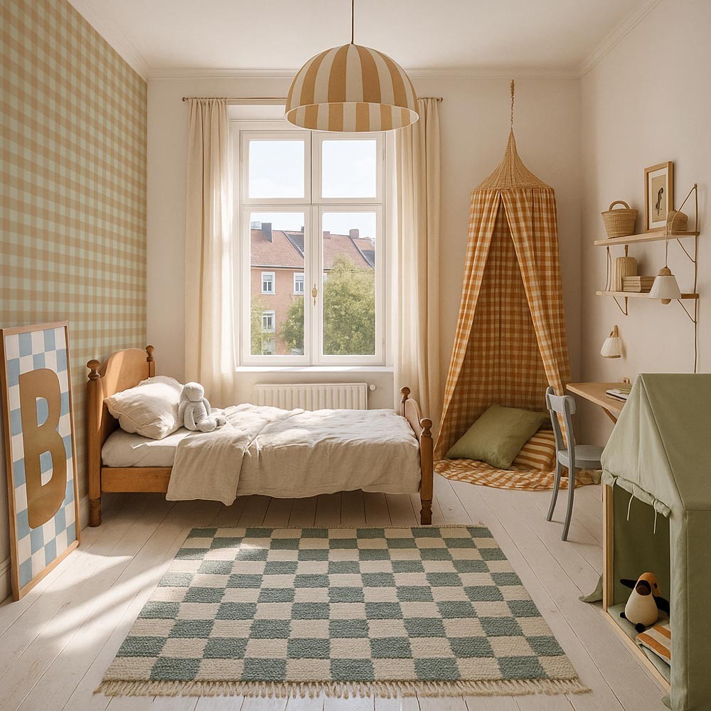 bold checkered wallpaper in warm brown and green for a confident, elegant living room accent wall