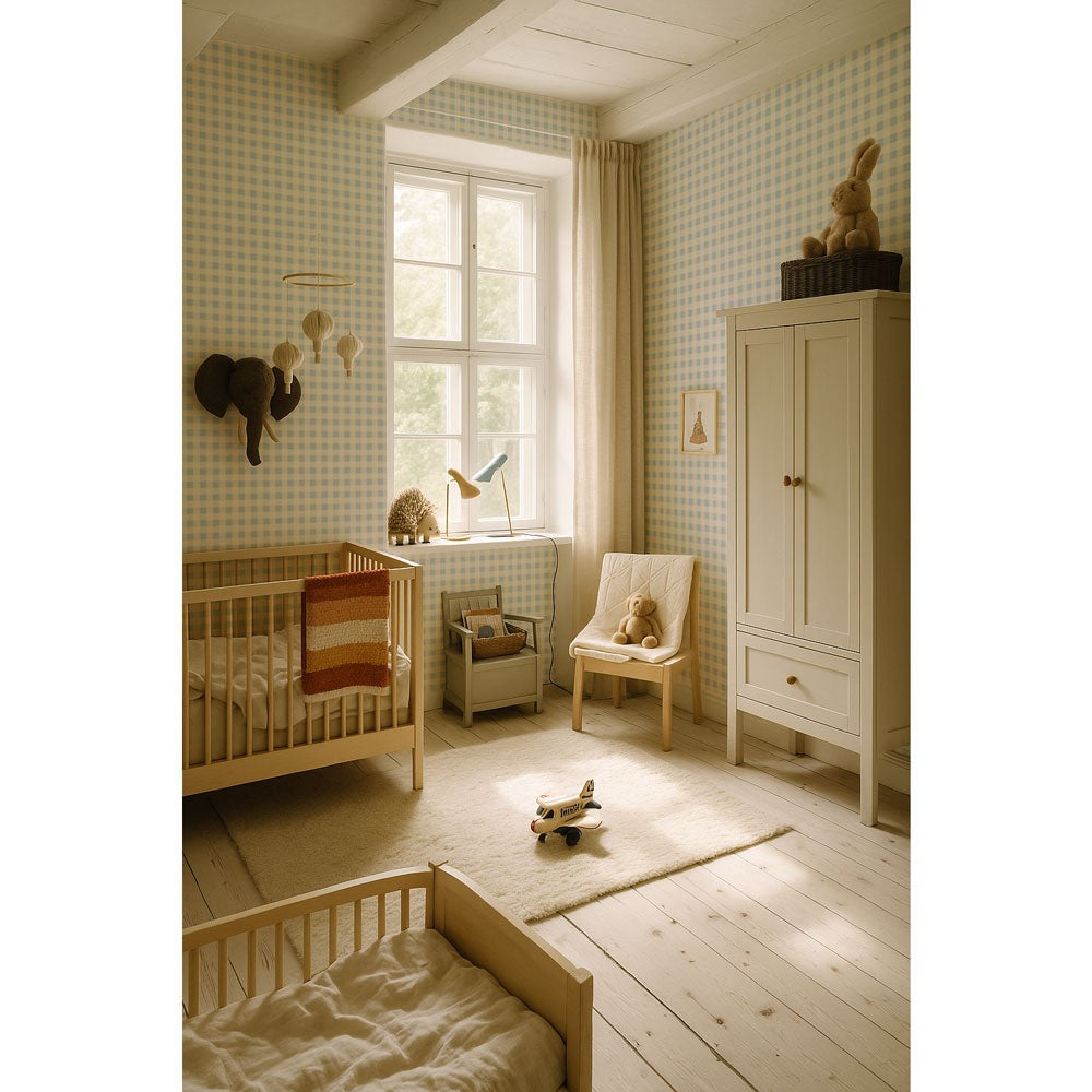 bold close-up of green and blue checkered wallpaper with a noble cream accent for a sophisticated kids room