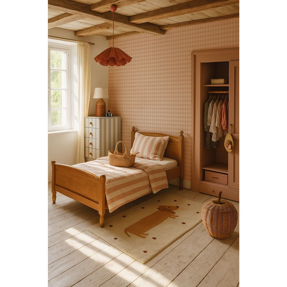 a bold, close-up view of the pink and cream checkered wallpaper pattern with sharp, defined lines