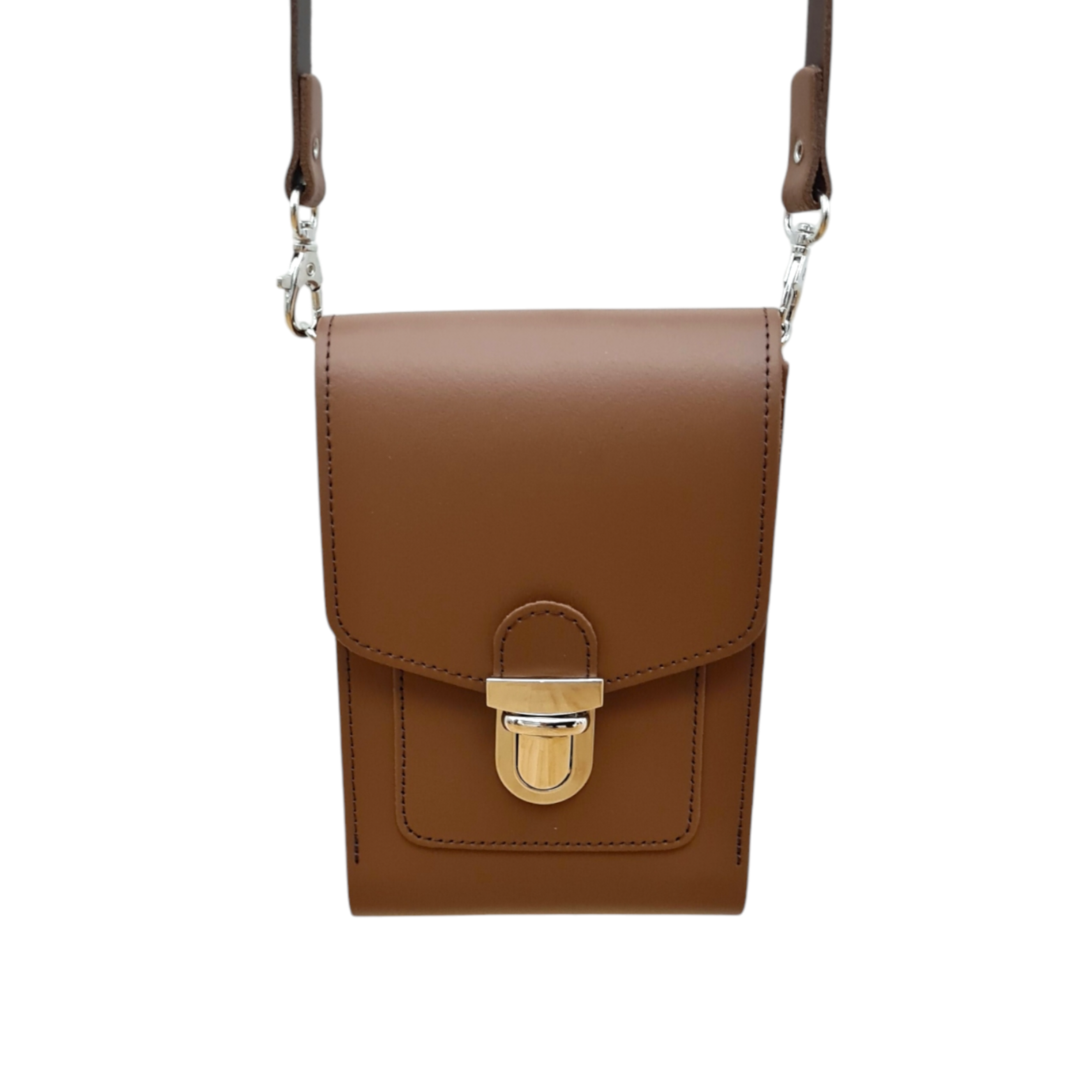 Leather Push Lock Crossbody Phone Case in Chestnut