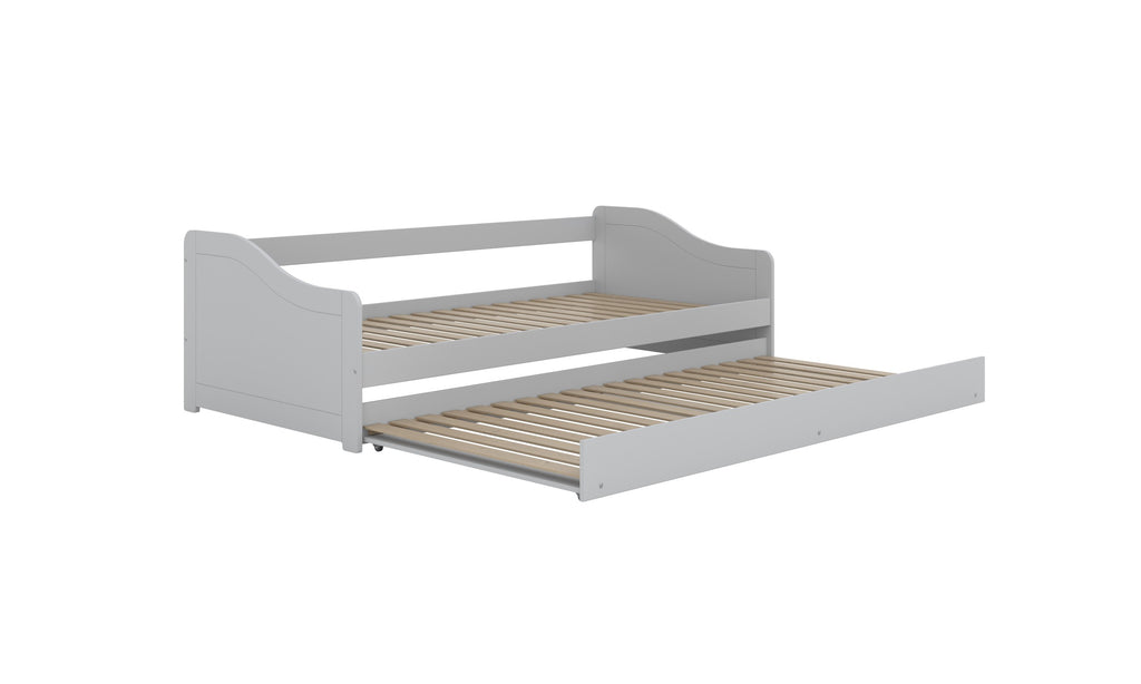 close-up of the blanka bed's four smooth-gliding drawers and open shelves for practical kids room storage