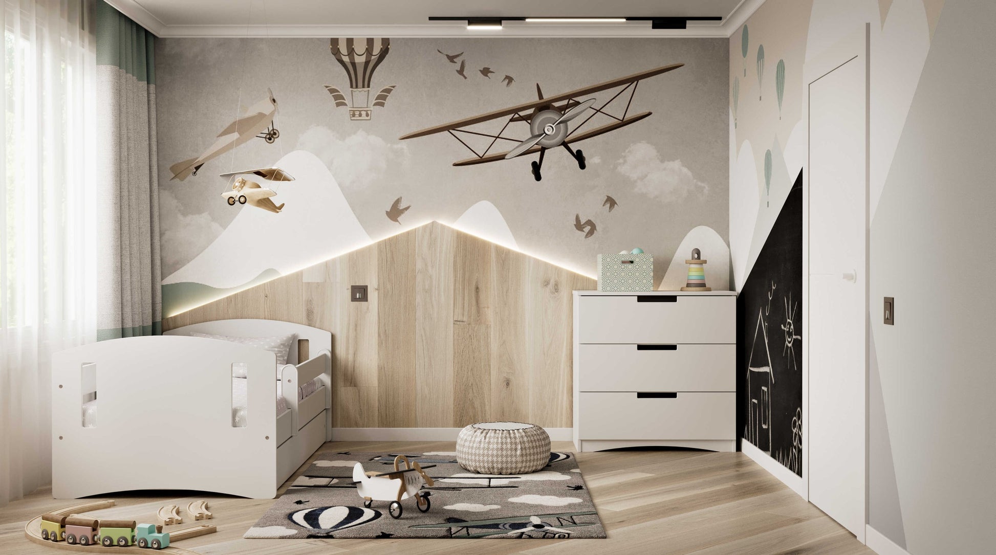 playful white kids bed with a colorful toy peeking out from the storage drawer