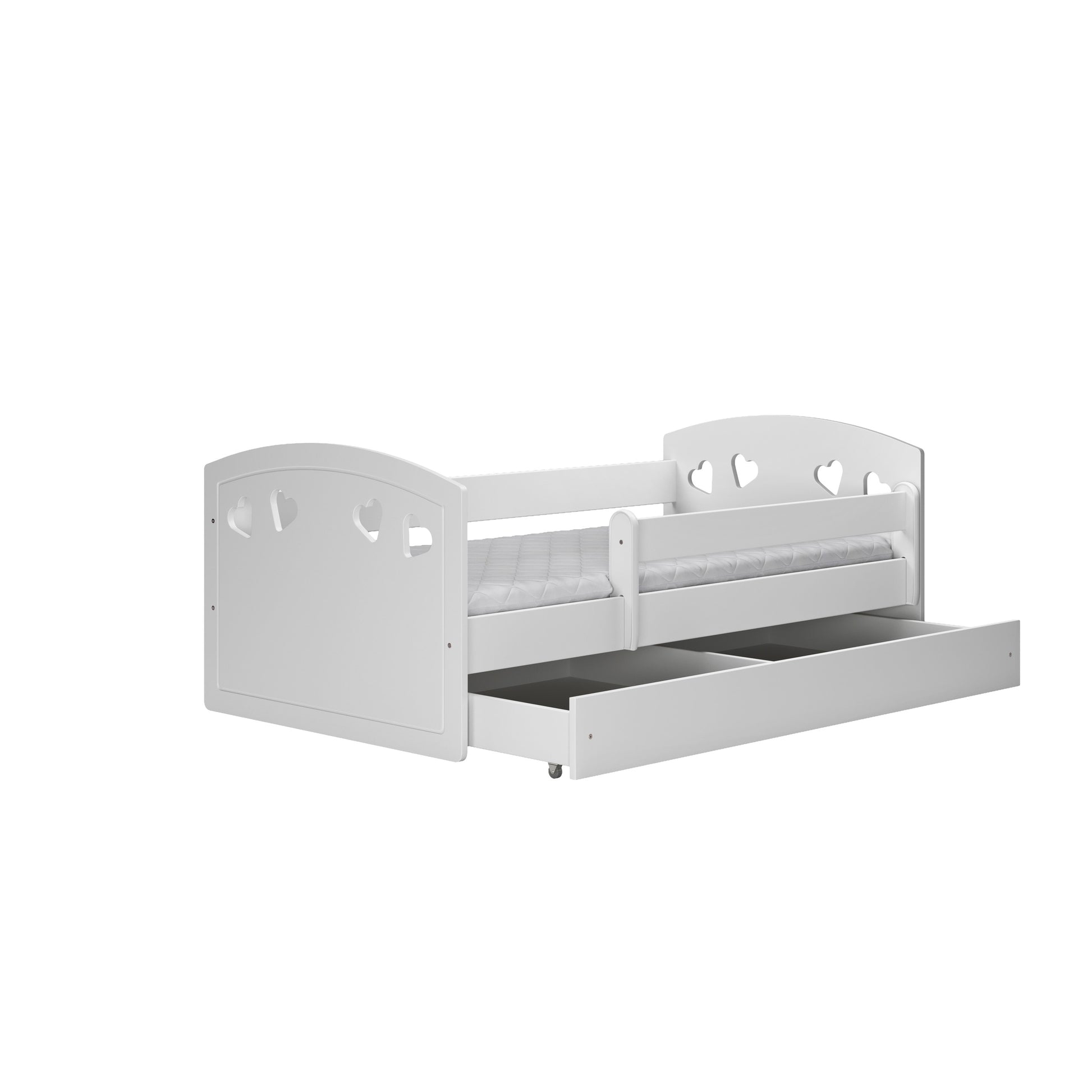 elegant white julia childrens bed with heart cutouts in a refined nursery setting