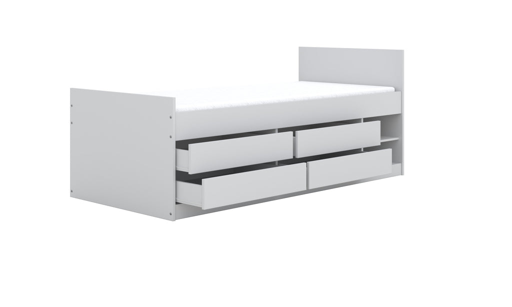 leon kids bed with four spacious drawers open, showcasing practical storage for clothes and toys