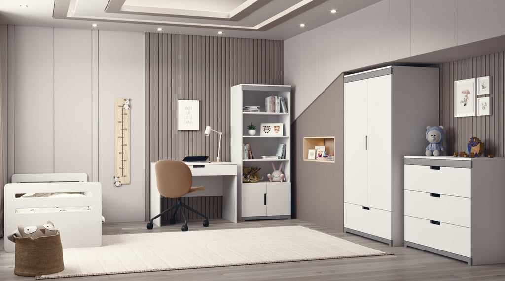 a playful white kids desk with a large drawer, perfect for a child's creative playroom