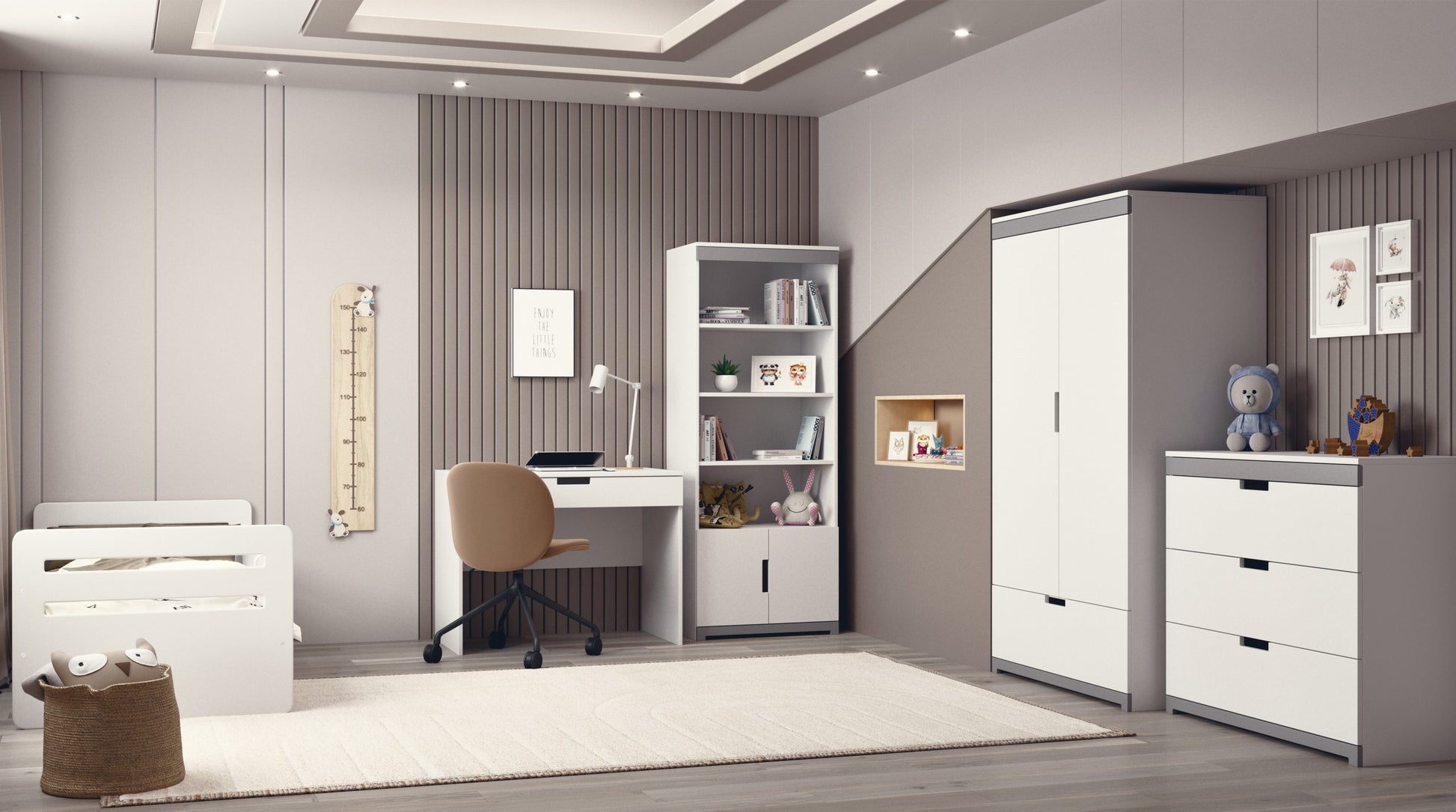 a playful white kids desk with a large drawer, perfect for a child's creative playroom