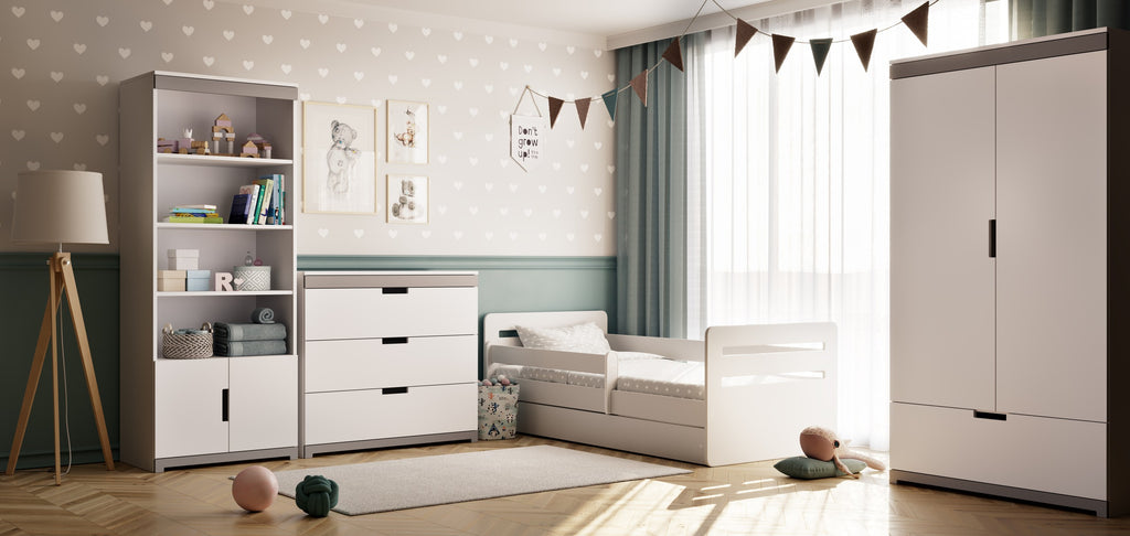 tomi kids wardrobe interior view showing the soft-close drawer and four organized shelves