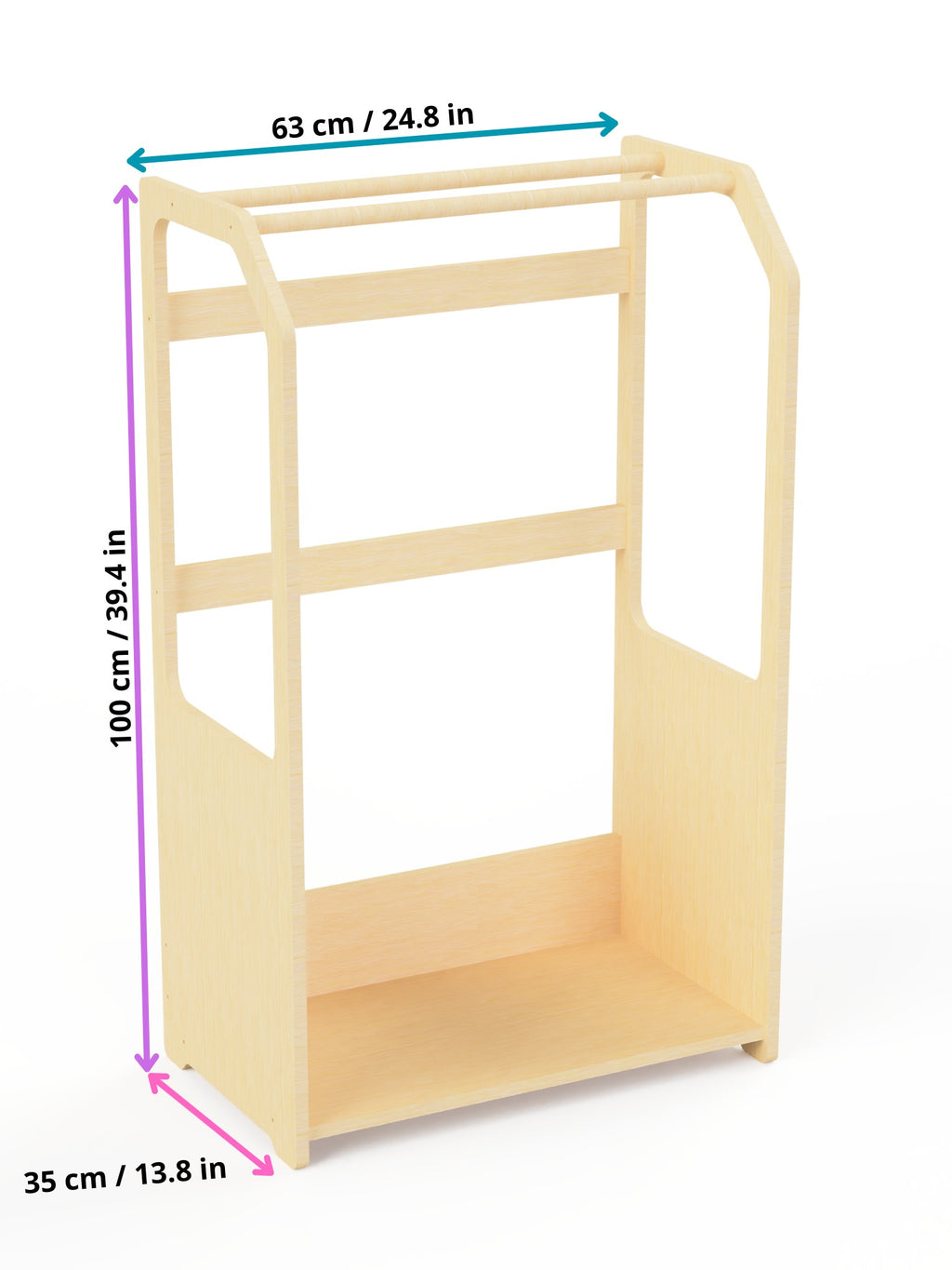 a soft-lit shot of the wooden kids drying rack with a cozy beige laundry basket