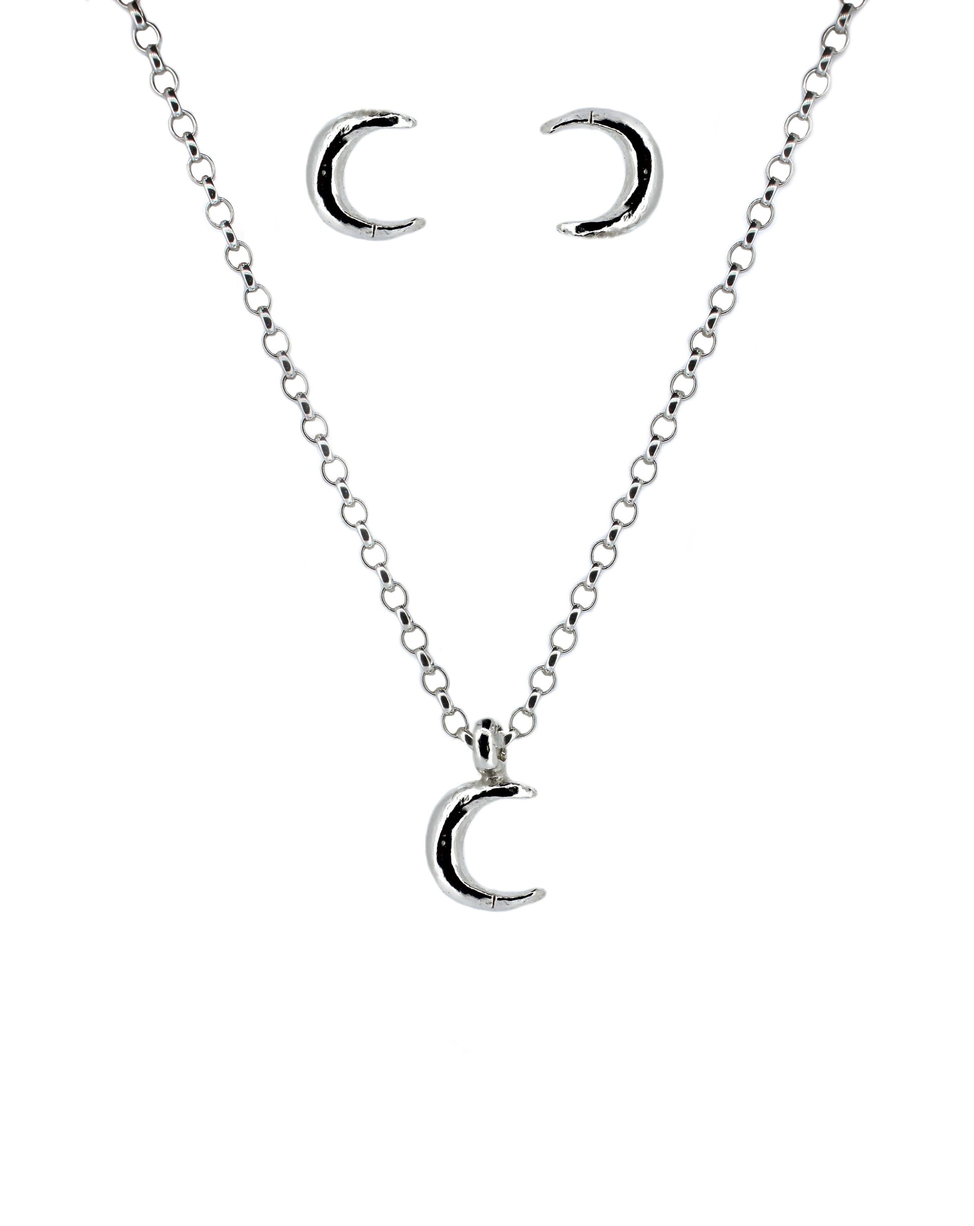 Crescent Moon Necklace and Earring Set in Sterling Silver