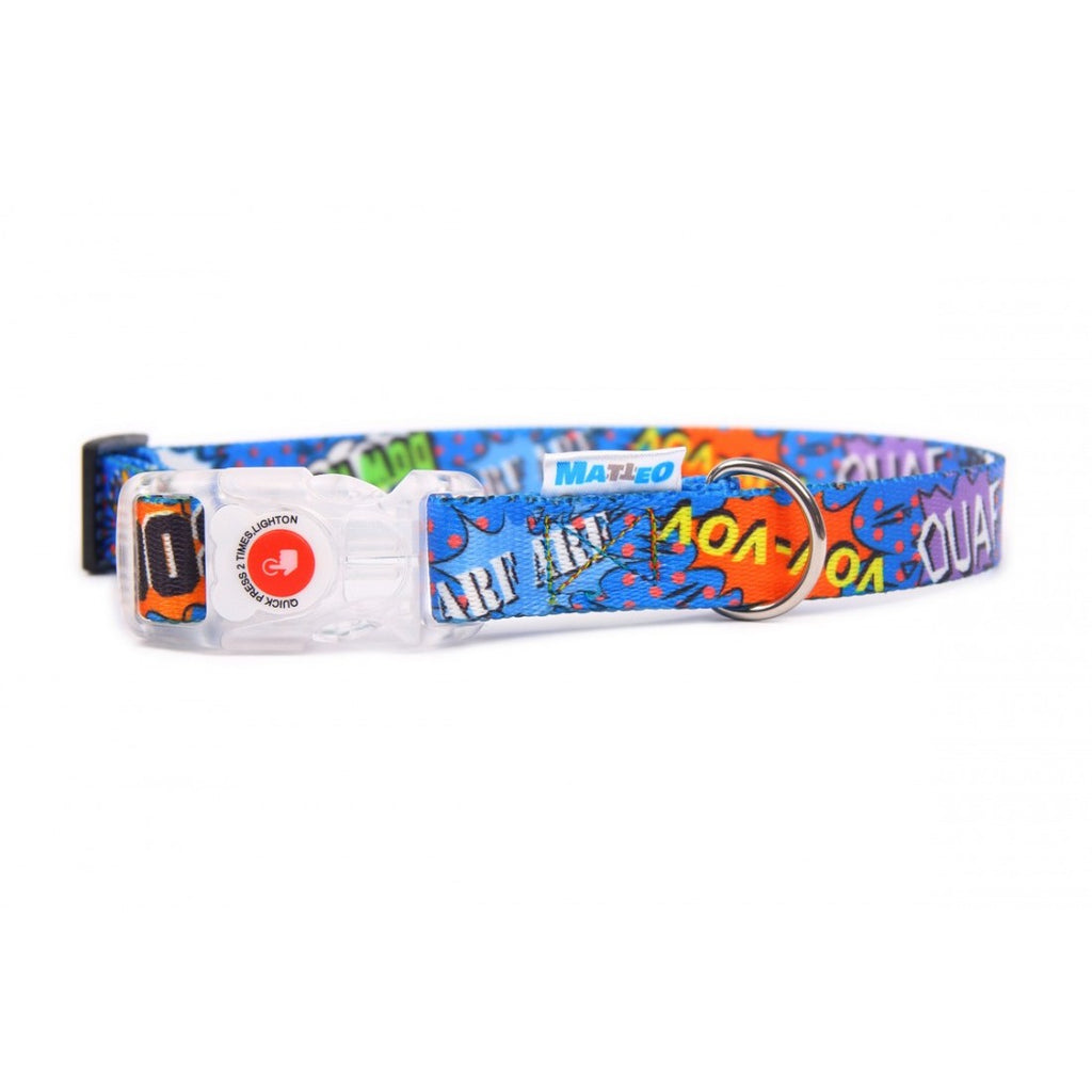 close-up detail of the blue graffiti led dog collar's waterproof plastic buckle and stitching
