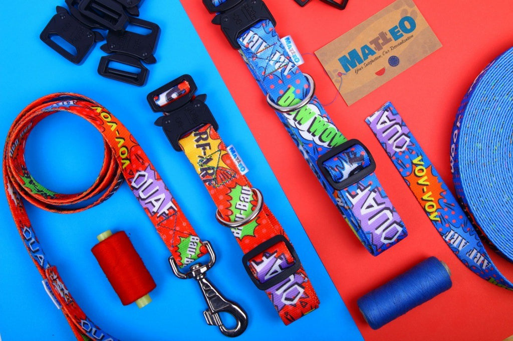 playful blue graffiti dog collar with a shiny metal buckle on a vibrant urban background