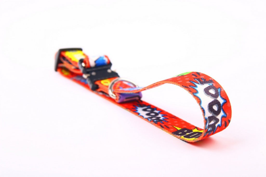 a soft-focused close-up of a red graffiti dog collar with a secure metal buckle