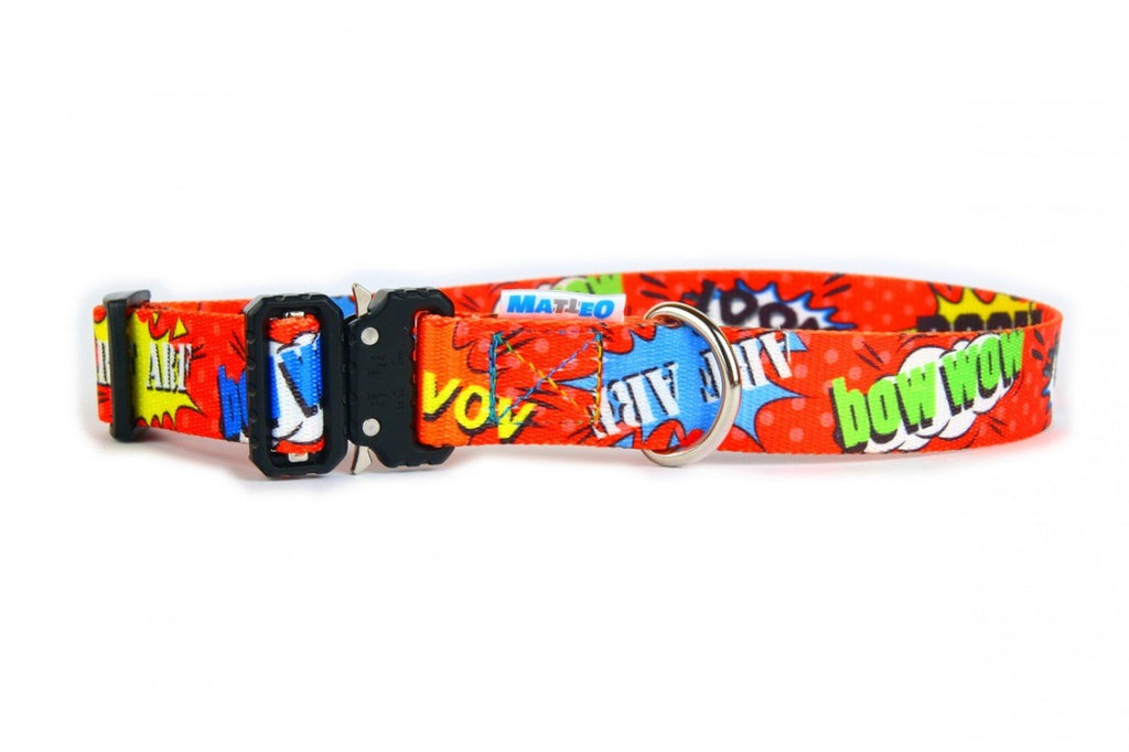 elegant close-up of a red graffiti dog collar with a gleaming metal buckle on a dark background