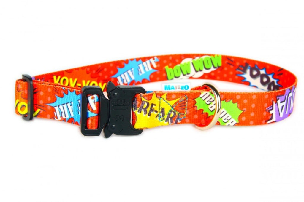 close-up of the red graffiti dog collar's metal buckle and durable stitching
