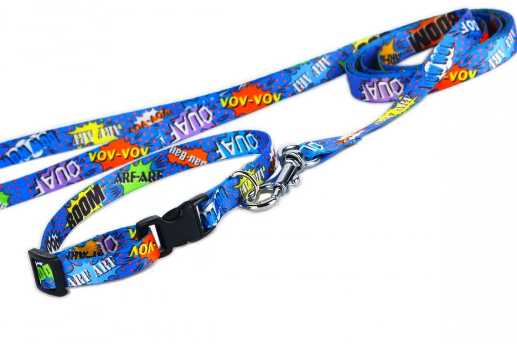 soft blue graffiti dog collar close-up showing gentle texture and secure plastic buckle