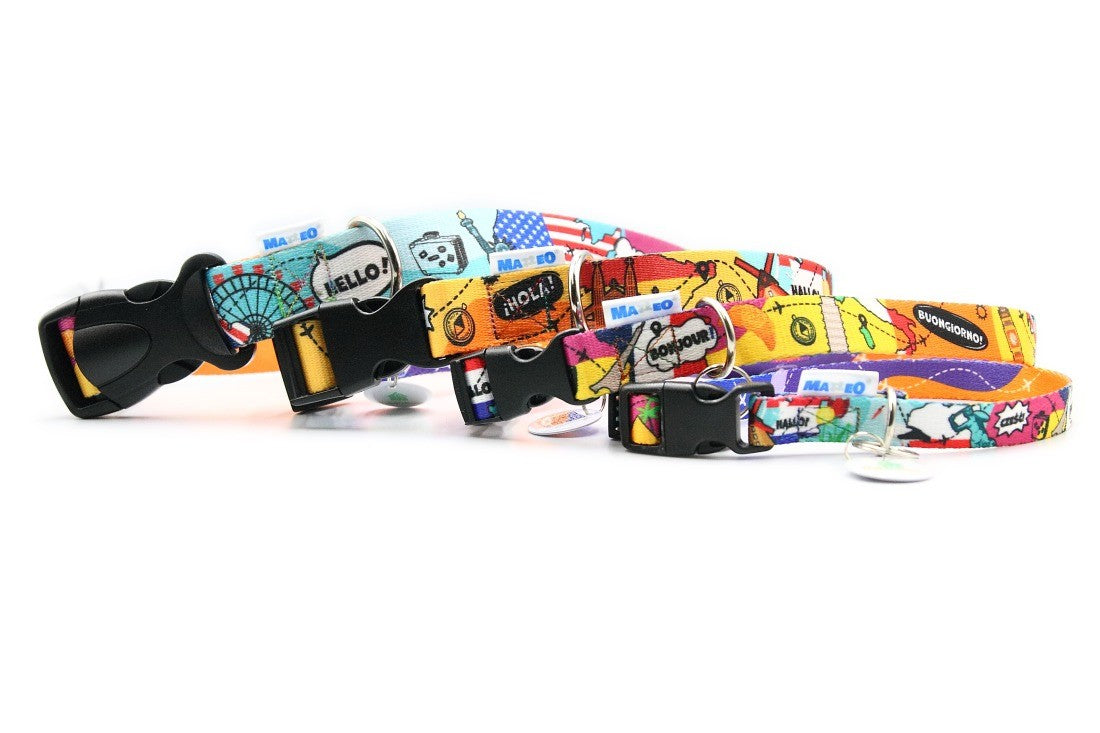 close-up detail of the durable plastic buckle on a travel-themed dog collar