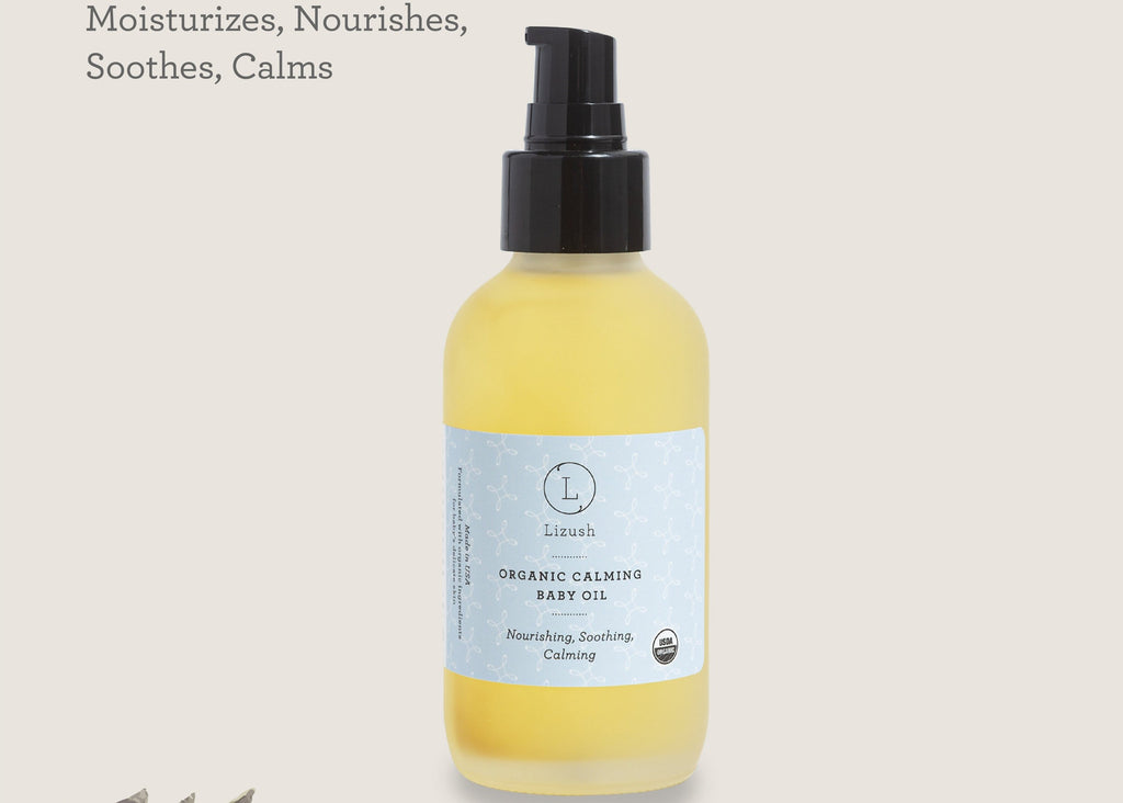 bold bottle of organic baby oil with lavender and chamomile for sensitive skin