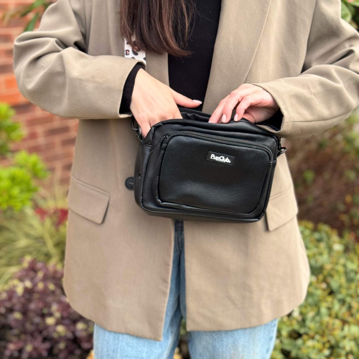 Vegan Leather Crossbody Bag for Dog Walking in Black
