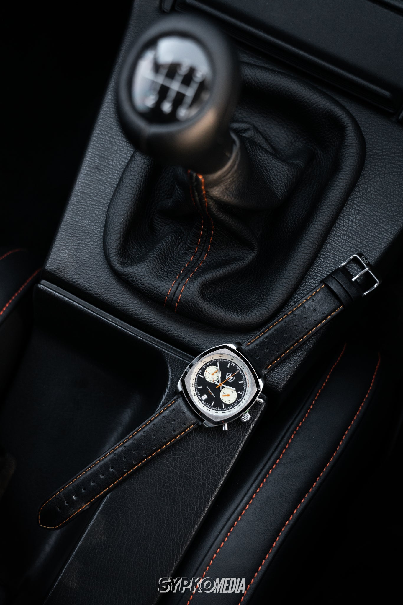 Black and Orange Leather Rally Watch Strap 22mm