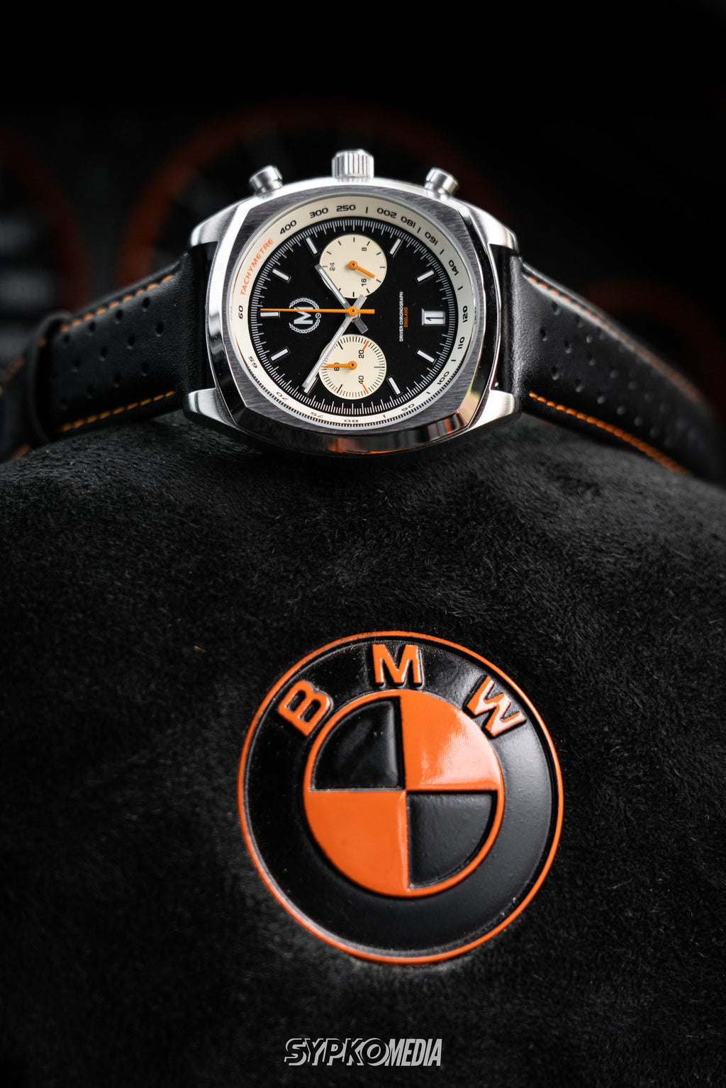 Black and Orange Leather Rally Watch Strap 22mm