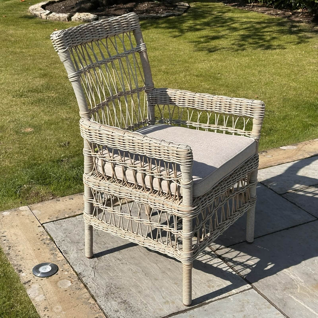 Provence Collection outdoor dining chair in beige, powder-coated aluminum frame with HDPE wicker and Olefin cushions by sostter at brixbailey.com