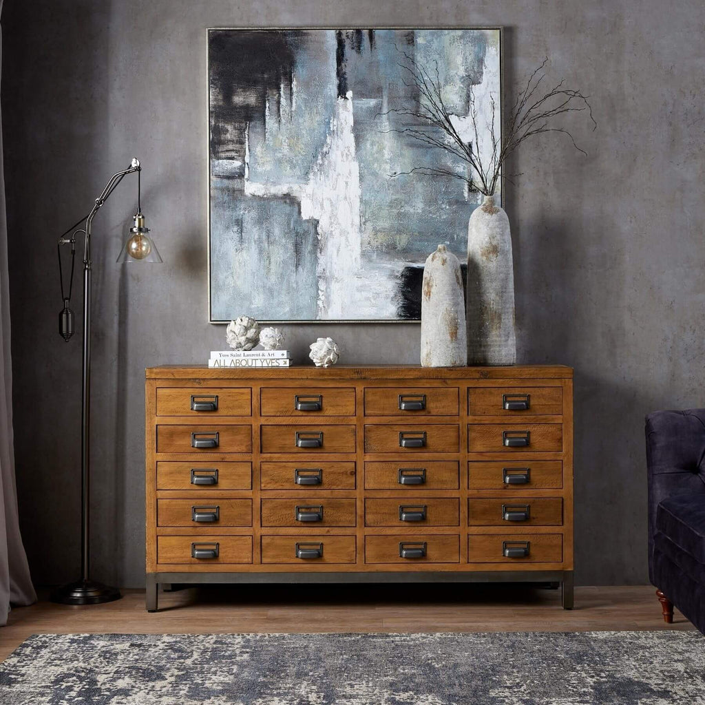 Industrial merchant chest with solid pine wood and gunmetal accents, rustic storage with 20 compartments. by Sostter at brixbailey.com