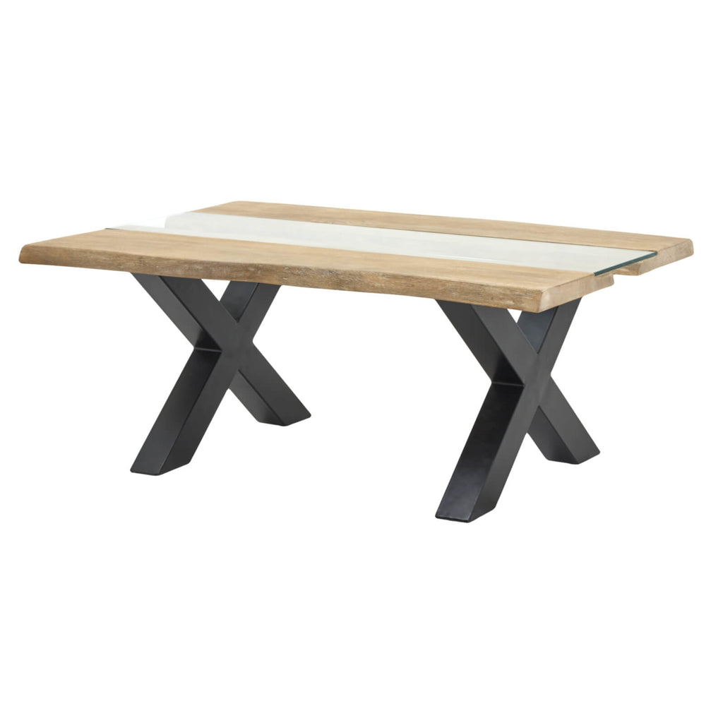 Live edge coffee table with acacia wood and clear resin inlay, natural wood tones with black accents, modern design by sostter at brixbailey.com