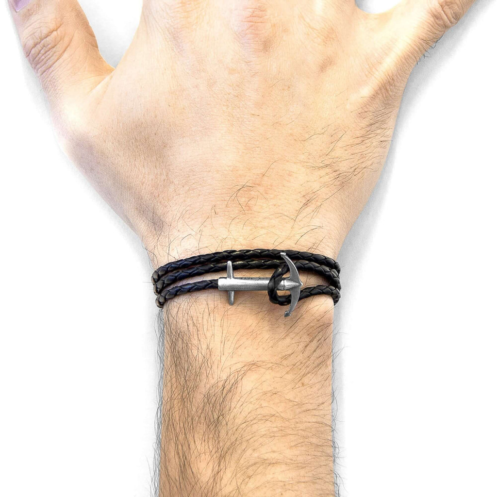 Coal Black Admiral Anchor Silver and Braided Leather Bracelet - Handcrafted British Elegance by ANCHOR & CREW at www.brixbailey.com