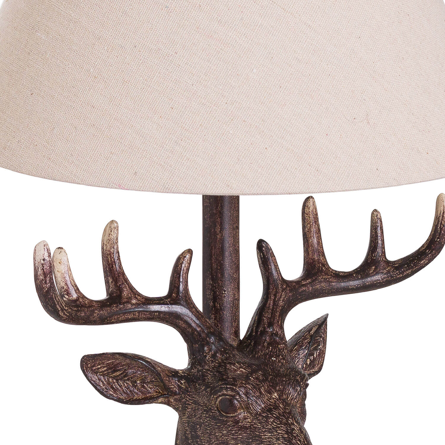 Handcrafted stag head table lamp with bronze resin base and natural linen shade, rustic home decor by RoomLondon at brixbailey.com