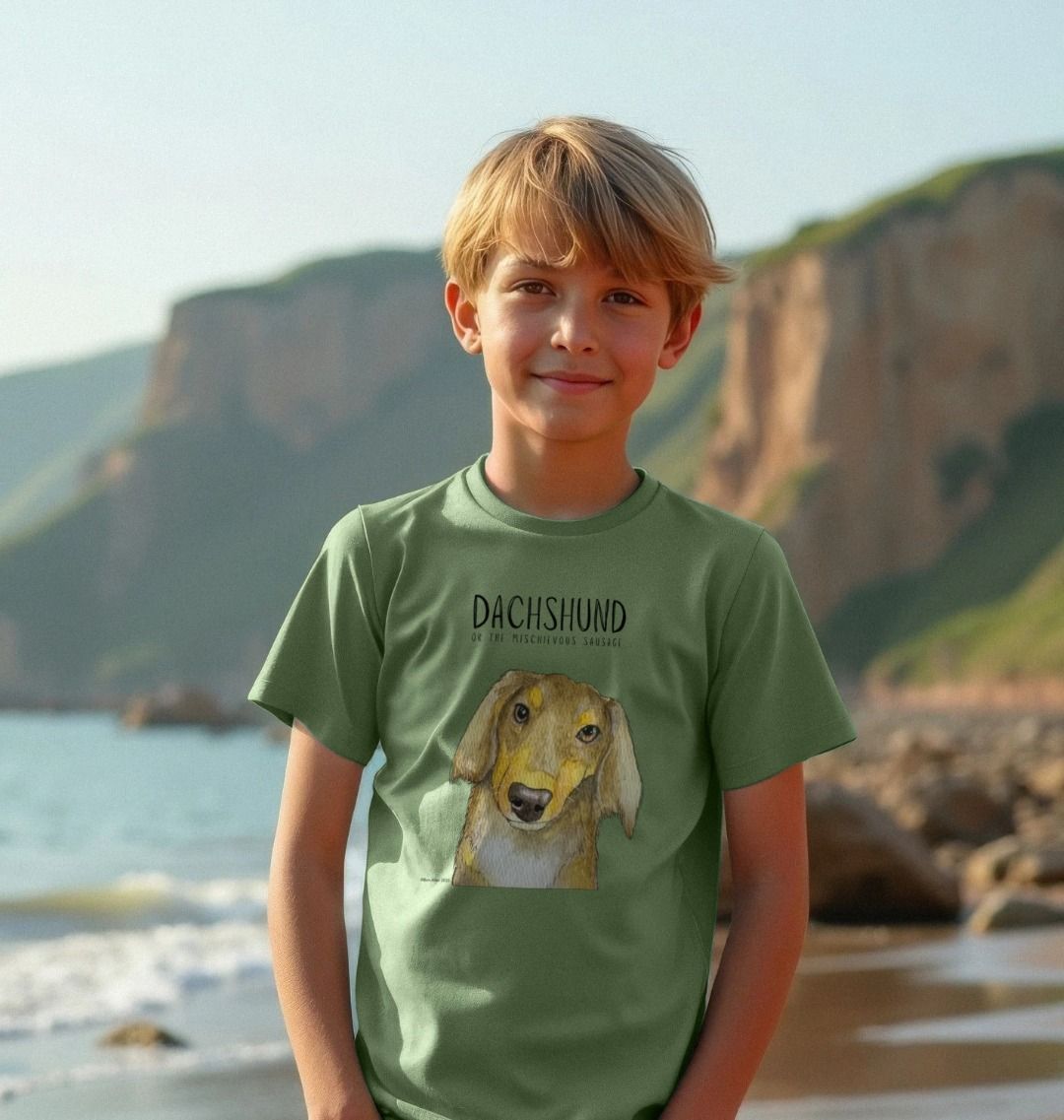 Mischievous Long Haired Hot Dog Kids T Shirt Small Pup Big Attitude
