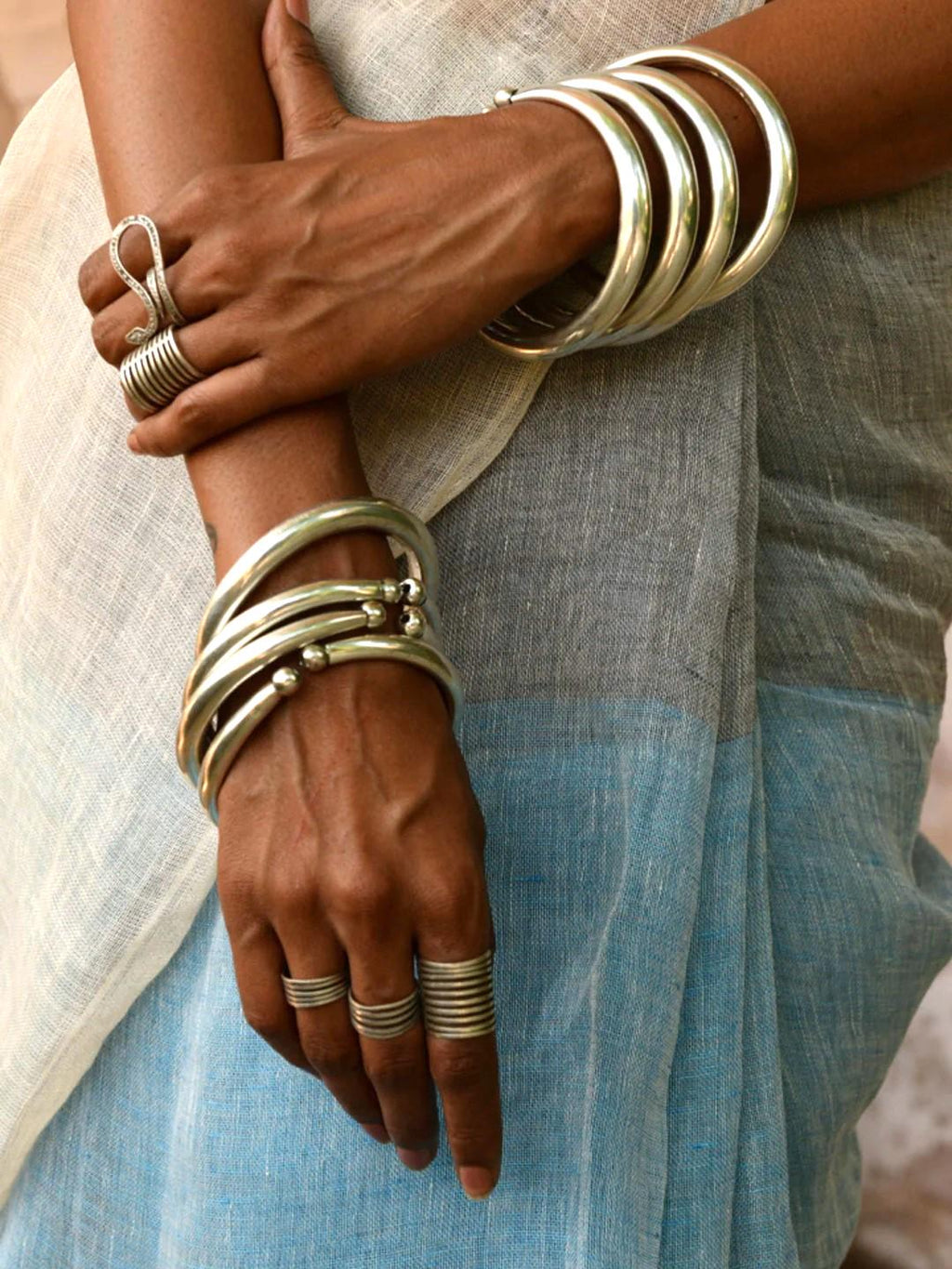 Textured Brass Wrap Ring Duo Gold Silver Adjustable Boho Statement Rings