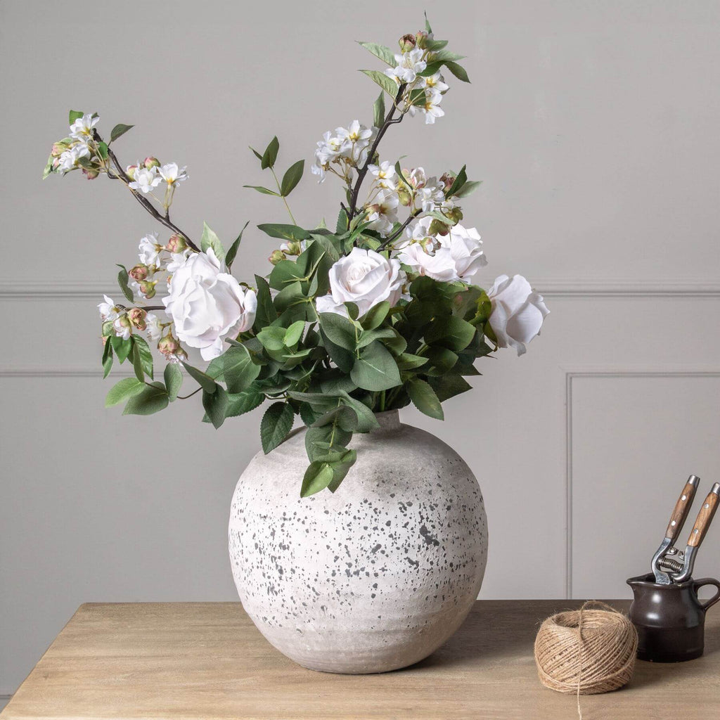 Lifelike English blossom branch with soft pink silk flowers and green leaves on brown stems, 90cm tall faux floral decor by sostter at brixbailey.com