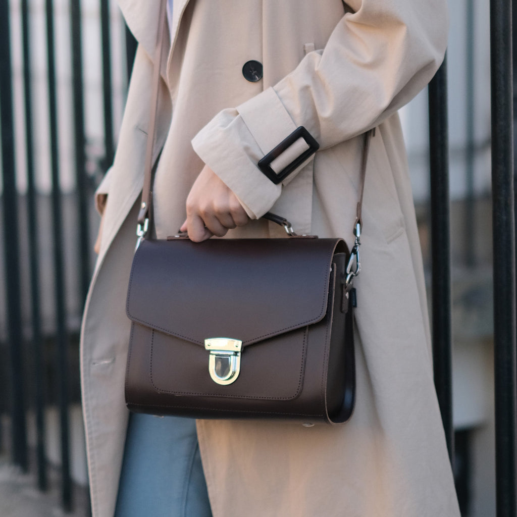 Dark Brown Leather Sugarcube Handbag, Handmade in England