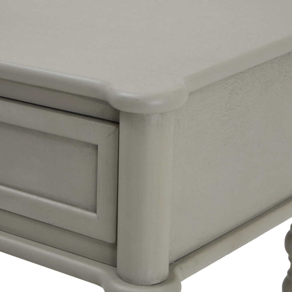 Camden two-drawer console in warm grey, solid wood with visible grain, minimalist British craftsmanship by sostter at brixbailey.com