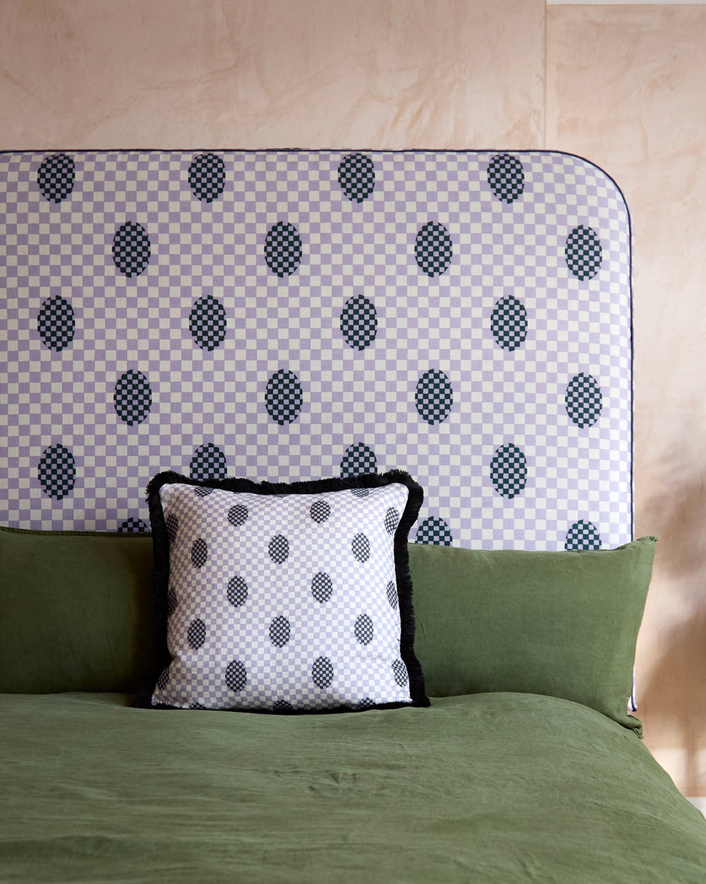 Curved Piped Headboard in Deco Checkers Violet Veils