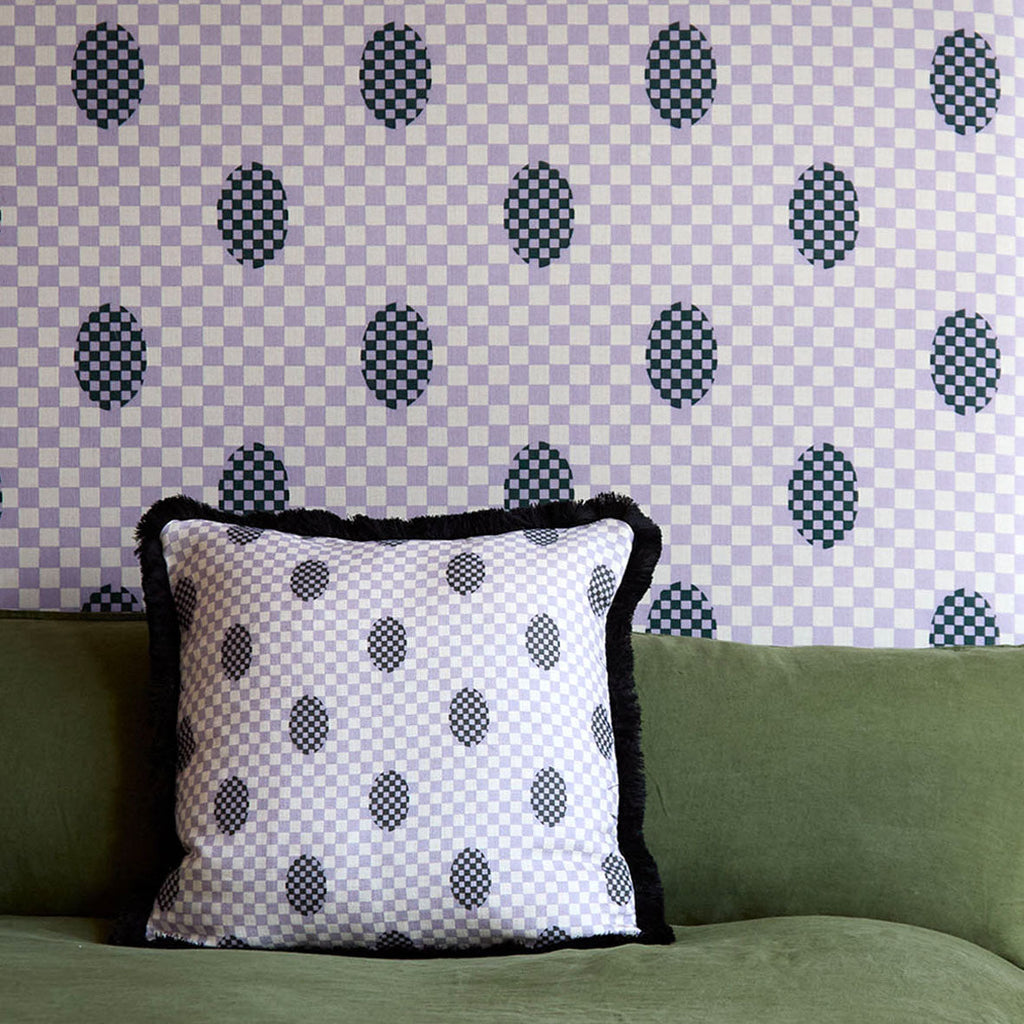 Deco Checkers Violet Veil Fabric in Oatmeal Linen