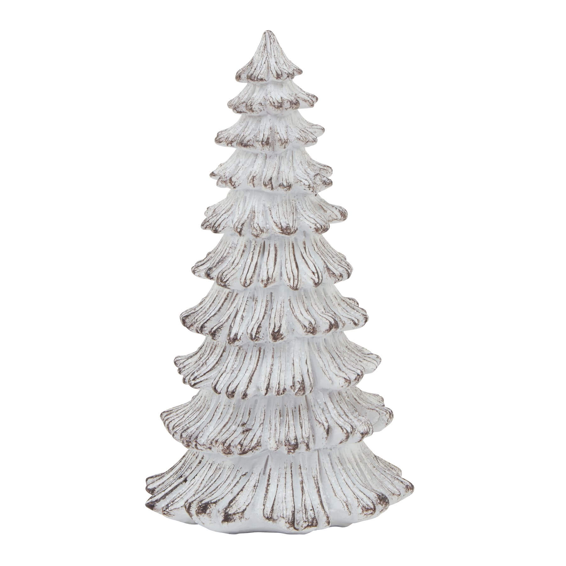 Handcrafted white resin winter fir tree sculpture with snow-dusted branches, Scandinavian minimalist decor by sostter at brixbailey.com