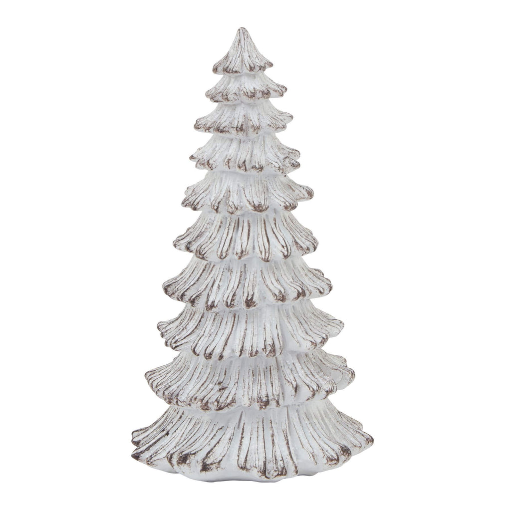 Handcrafted white resin winter fir tree sculpture with snow-dusted branches, Scandinavian minimalist holiday decor by sostter at brixbailey.com