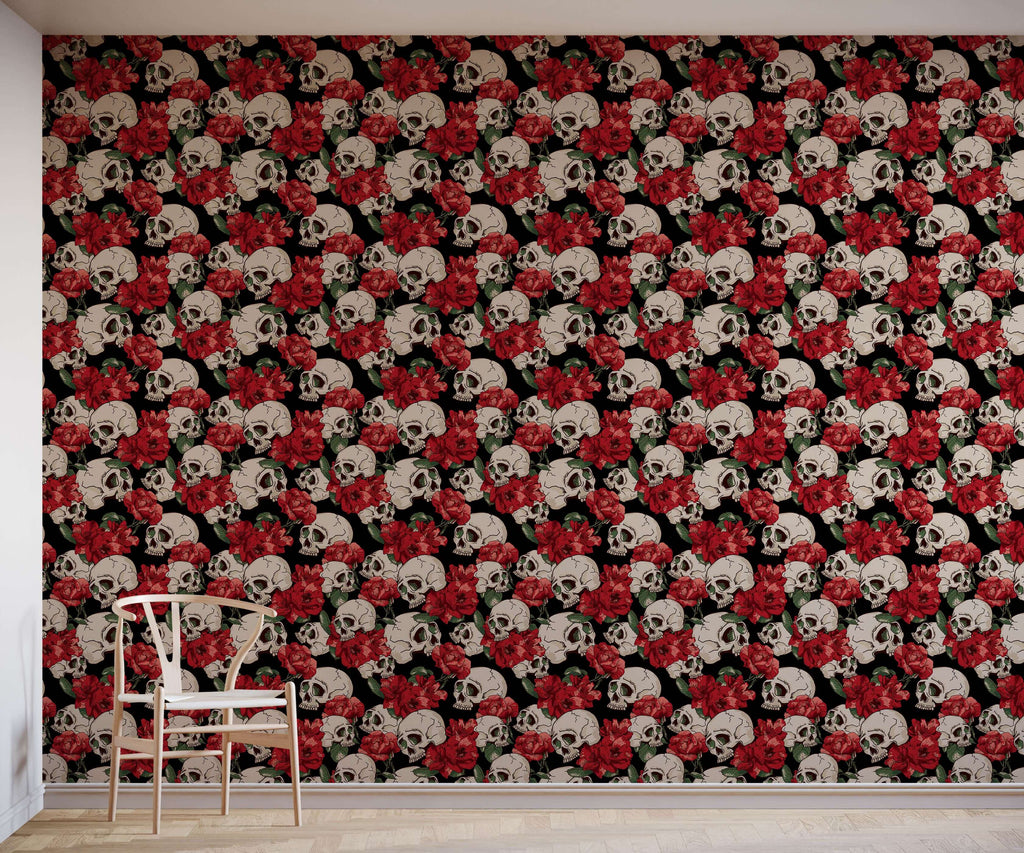 Red Roses and Skulls Gothic Wallpaper