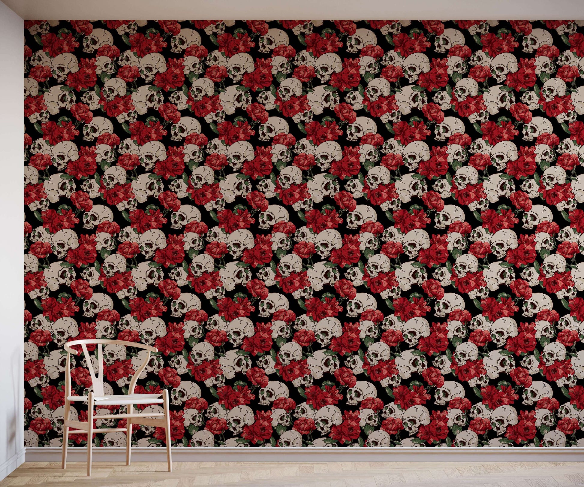 Red Roses and Skulls Gothic Wallpaper