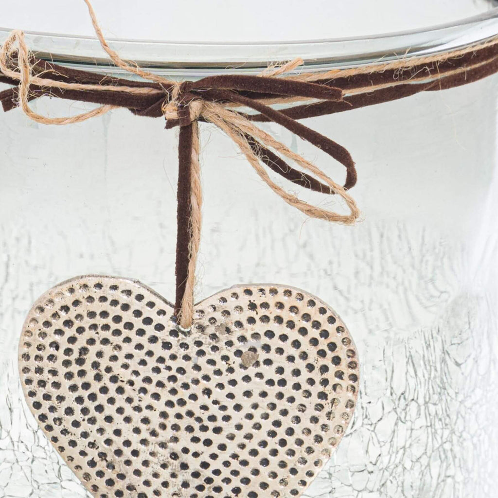 Midnight ombre glass vessel with crackled texture, hand-hammered heart charm, and faux leather cord for candles or decor by RoomLondon at brixbailey.com