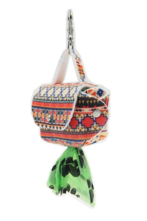 confident close-up of a chic boho dog waste bag dispenser on a leash