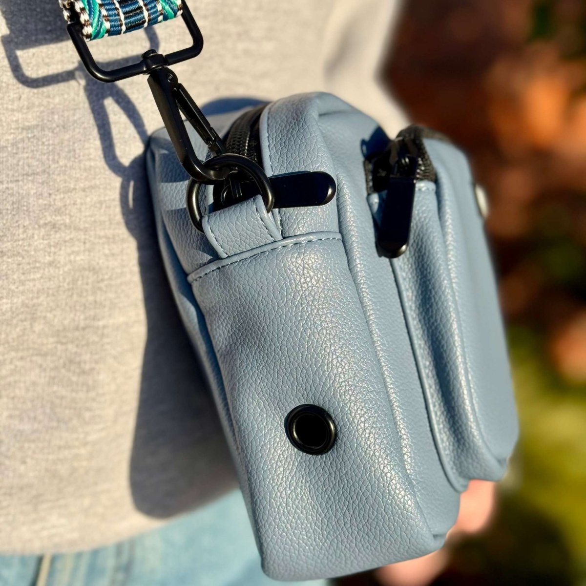 Crossbody Dog Walking Bag in Slate Blue Vegan Leather