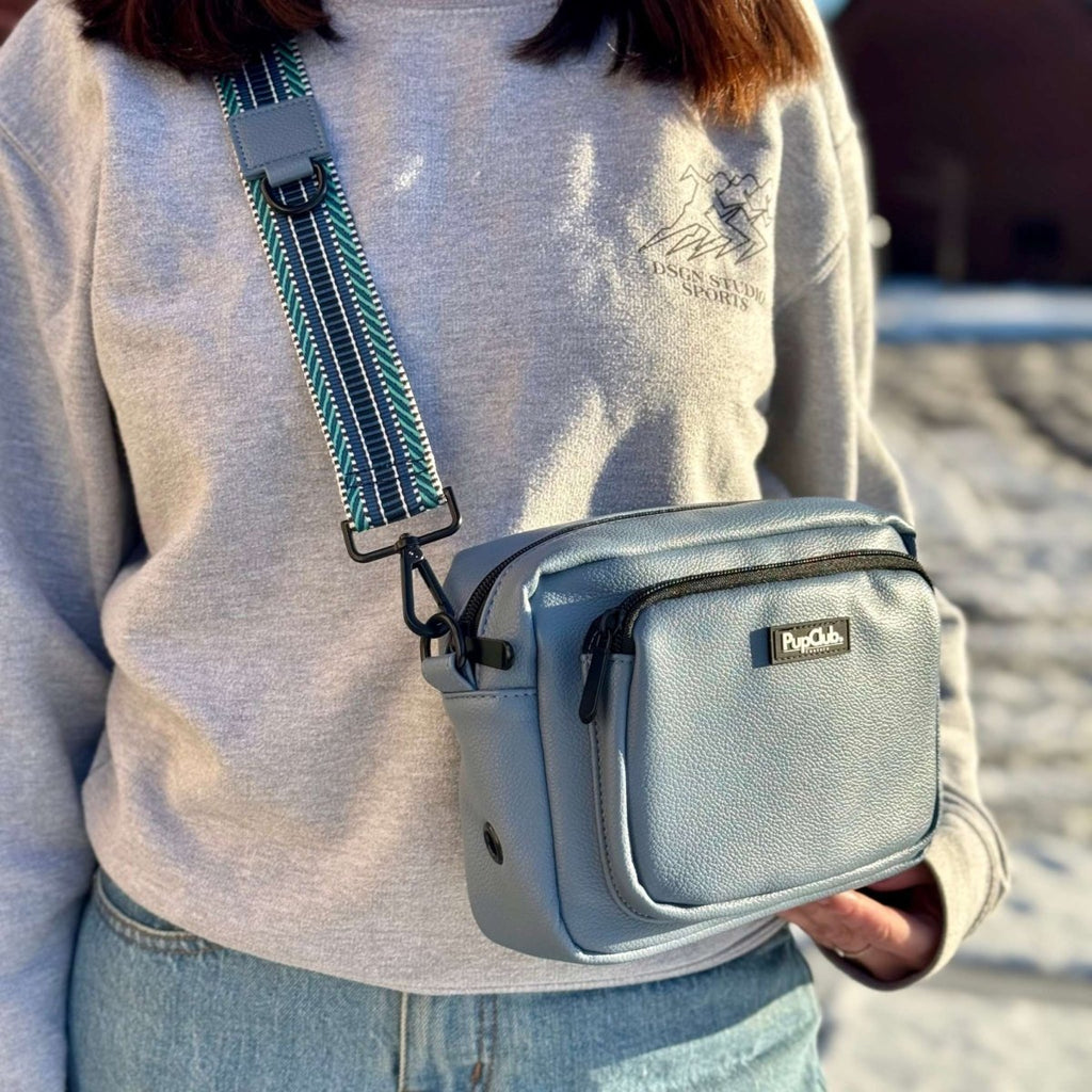 Crossbody Dog Walking Bag in Slate Blue Vegan Leather