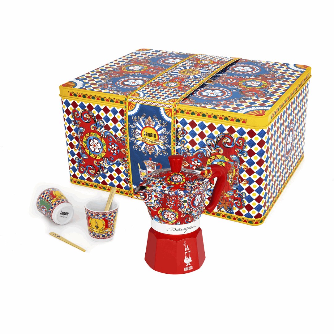 Sicilian Cart Moka 2 Cup Gift Set with Espresso Cups and Gold Stirrers