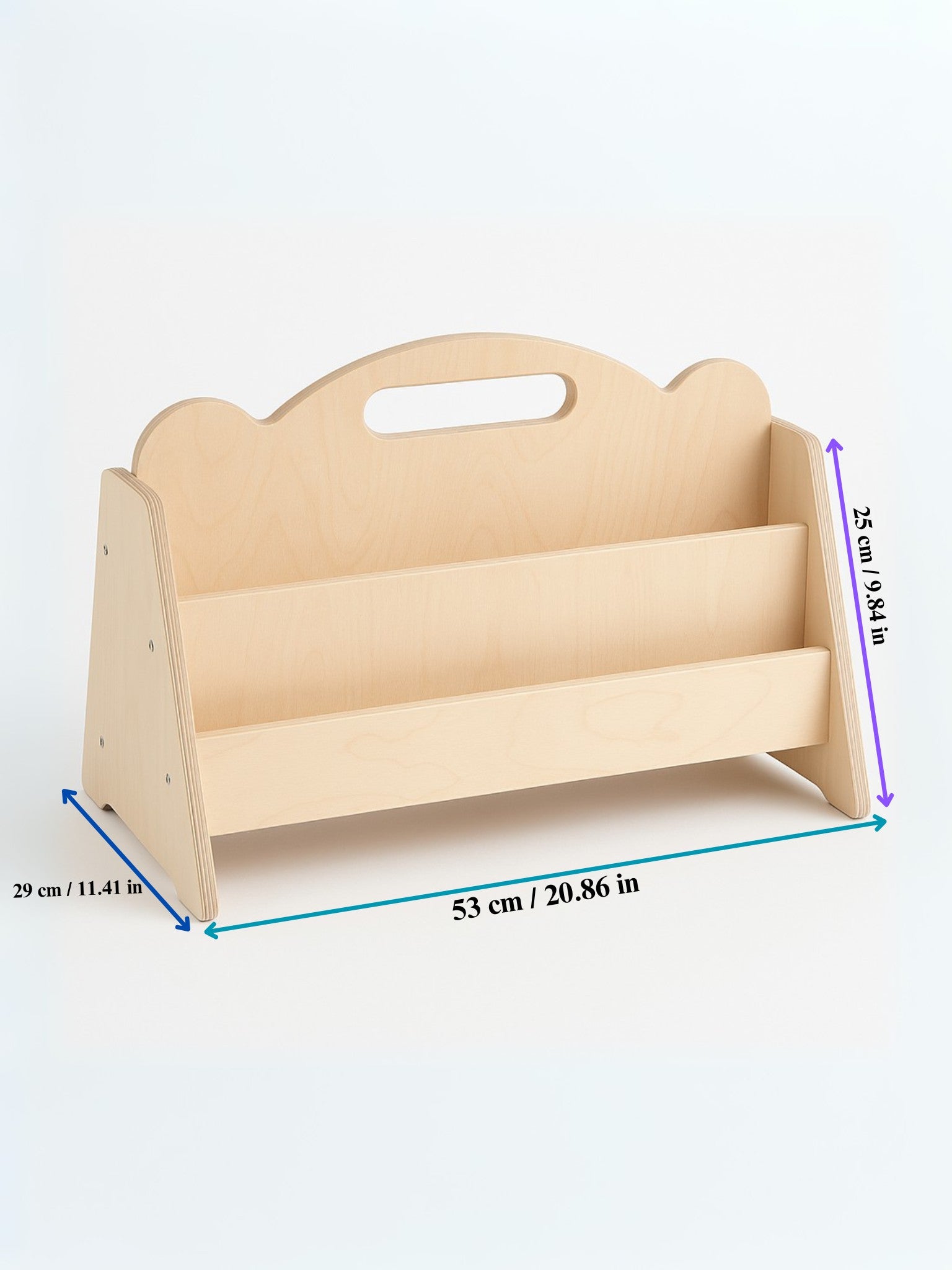 a double sided wooden bookshelf in a cozy nursery corner during the golden hour